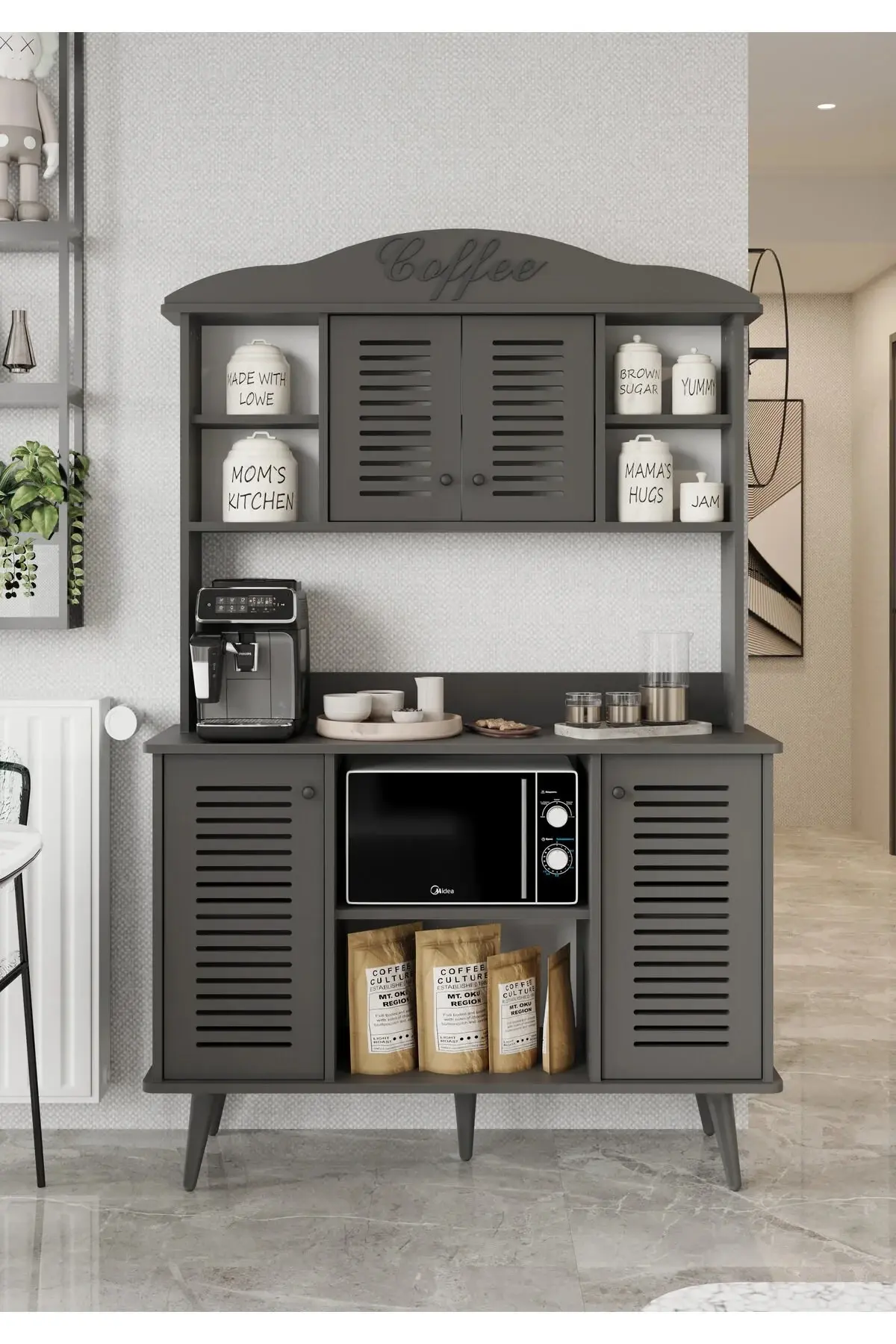 Avior Kahve Köşesi MDF kapaklı raflı 120 cm (5 renk seçeneği) GRİ