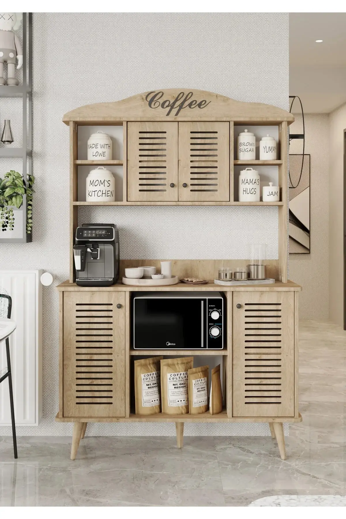 Avior Kahve Köşesi MDF kapaklı raflı 120 cm (5 renk seçeneği) SAFİR MEŞE