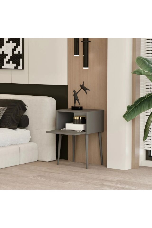 Canopus MDF Ahşap Ayaklı Tek Kapaklı Komodin (4 renk seçeneği) GRİ