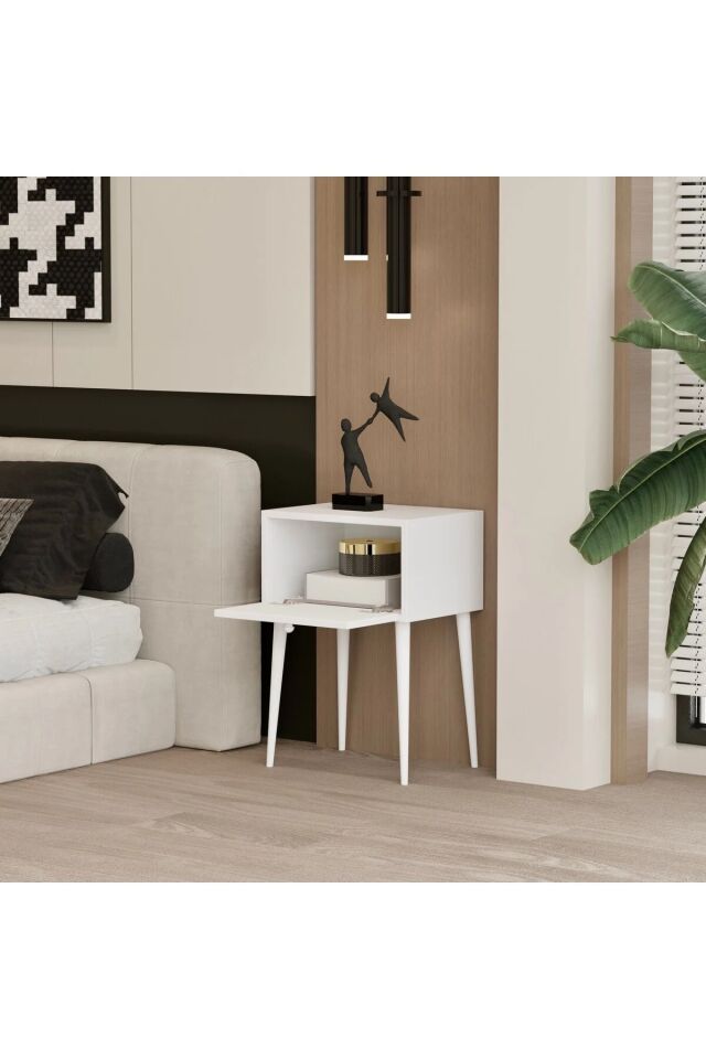 Canopus MDF Ahşap Ayaklı Tek Kapaklı Komodin (4 renk seçeneği) BEYAZ