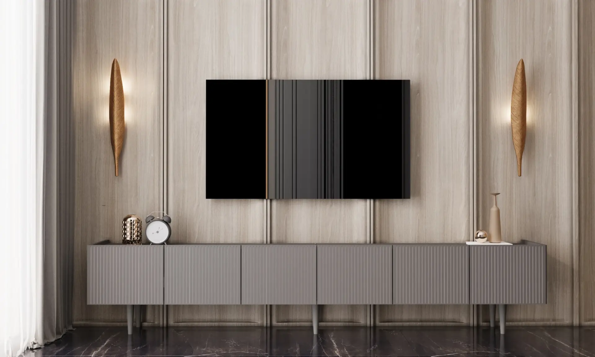 Capella Tv Ünitesi 240 cm 6 kapaklı ayaklı MDF (8 renk seçeneği) GRİ