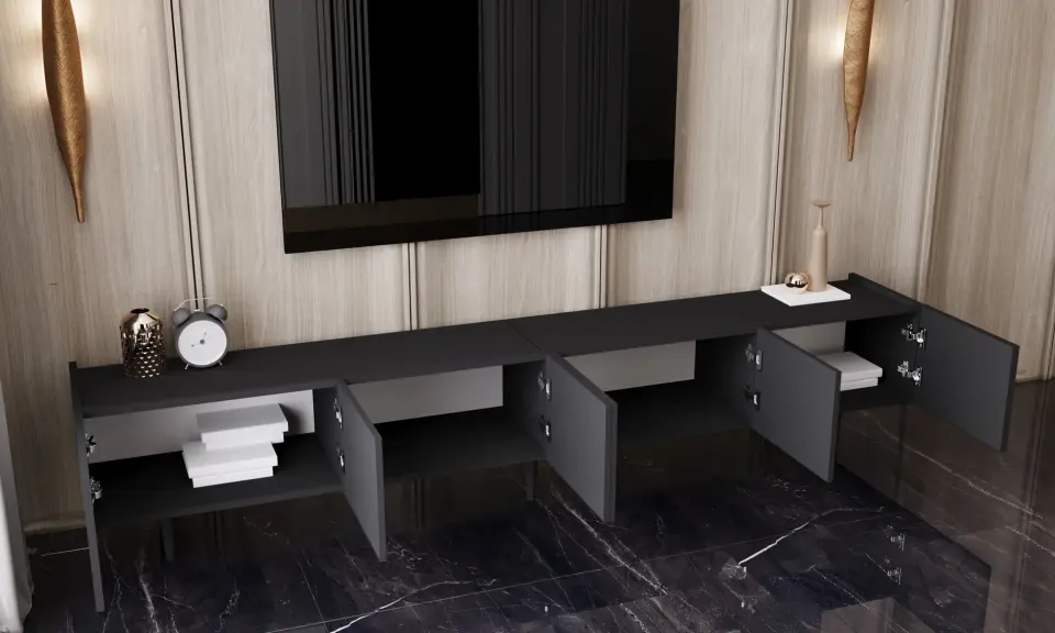 Capella Tv Ünitesi 240 cm 6 kapaklı ayaklı MDF (8 renk seçeneği) SİYAH