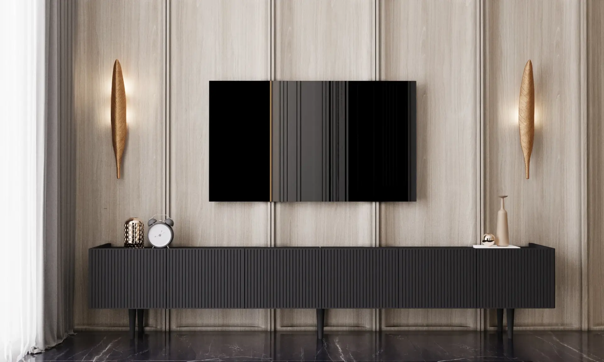 Capella Tv Ünitesi 240 cm 6 kapaklı ayaklı MDF (8 renk seçeneği) SİYAH