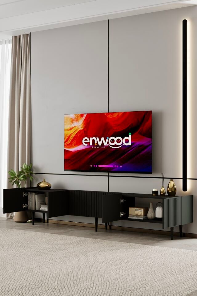 Capella TV Ünitesi 240 cm 6 Kapaklı Ayaklı MDF SİYAH