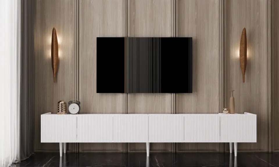 Capella Tv Ünitesi 240 cm 6 kapaklı ayaklı MDF (8 renk seçeneği) BEYAZ