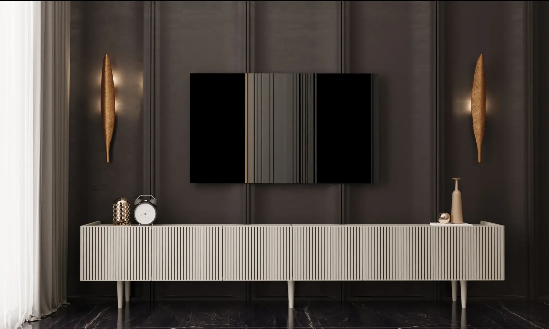 Capella Tv Ünitesi 240 cm 6 kapaklı ayaklı MDF (8 renk seçeneği) KUM TAŞI