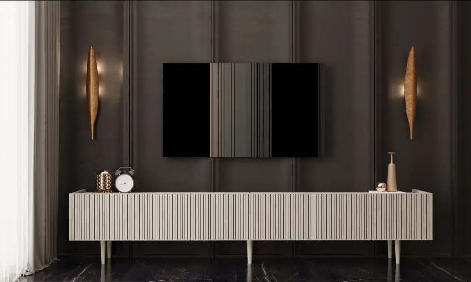 Capella Tv Ünitesi 240 cm 6 kapaklı ayaklı MDF (8 renk seçeneği) KUM TAŞI