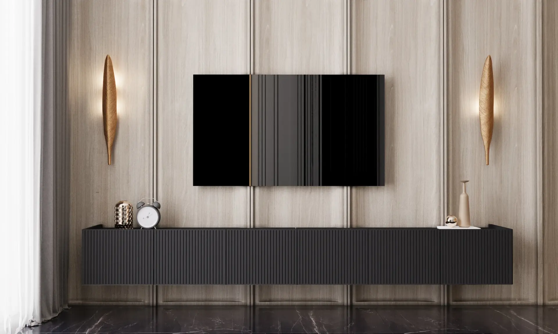 Capella Tv Ünitesi 240 cm 6 kapaklı duvara monte MDF (8 renk seçeneği) SİYAH
