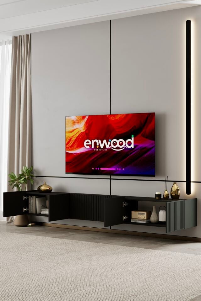 Capella TV Ünitesi 240 cm 6 Kapaklı Duvara Monte MDF SİYAH