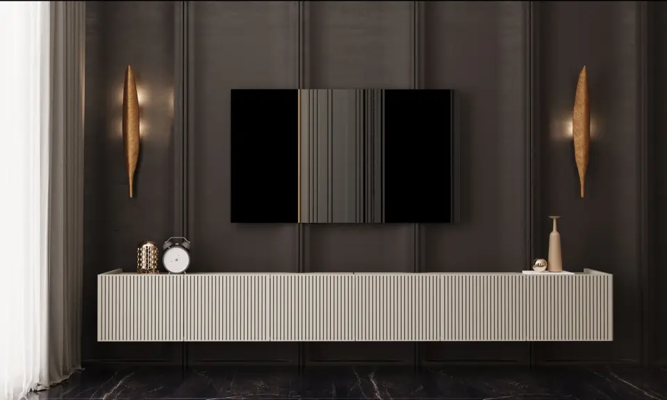 Capella Tv Ünitesi 240 cm 6 kapaklı duvara monte MDF (8 renk seçeneği) KUM TAŞI