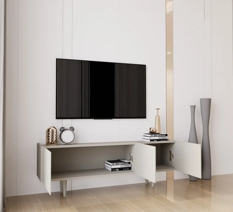 Capella Tv Ünitesi 140 cm 3 kapaklı ayaklı MDF (8 renk seçeneği) KUM TAŞI