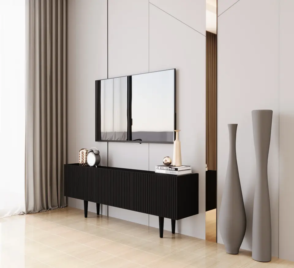 Capella Tv Ünitesi 140 cm 3 kapaklı ayaklı MDF (8 renk seçeneği) SİYAH