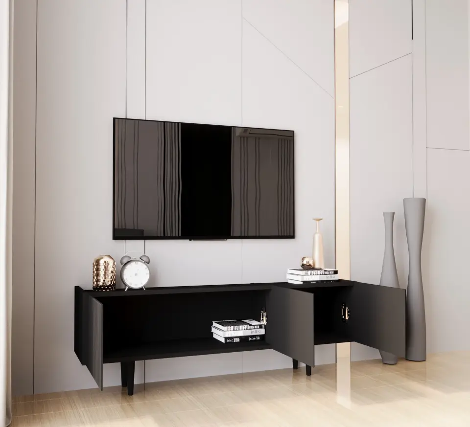 Capella Tv Ünitesi 140 cm 3 kapaklı ayaklı MDF (8 renk seçeneği) SİYAH