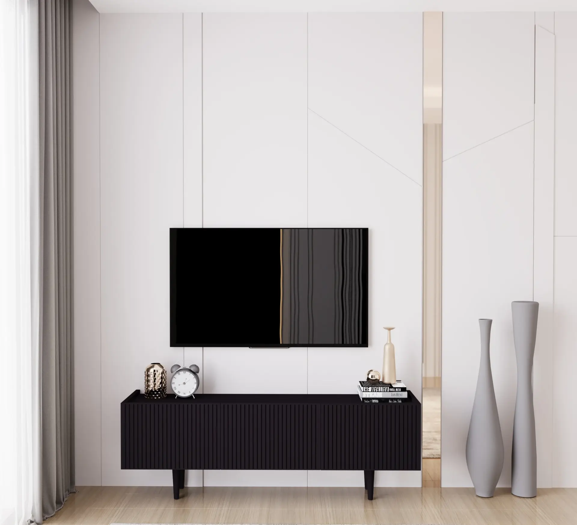 Capella Tv Ünitesi 140 cm 3 kapaklı ayaklı MDF (8 renk seçeneği) SİYAH