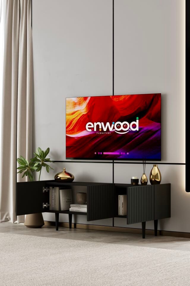 Capella TV Ünitesi 140 cm 3 Kapaklı Ayaklı MDF SİYAH