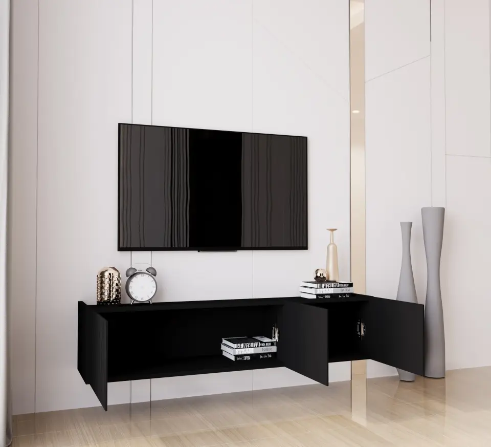 Capella Tv Ünitesi 140 cm 3 kapaklı duvara monte MDF (8 renk seçeneği) SİYAH