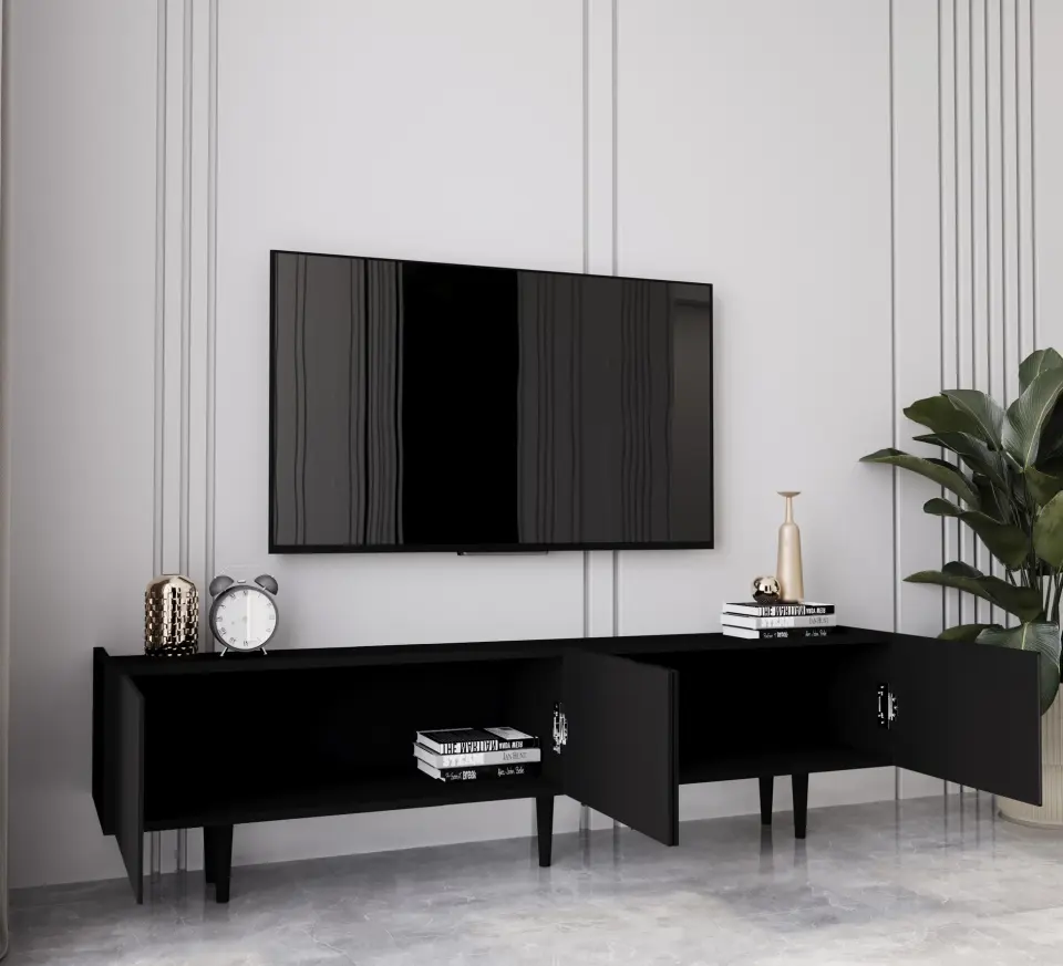 Capella Tv Ünitesi 180 cm 4 kapaklı ayaklı MDF (8 renk seçeneği) SİYAH
