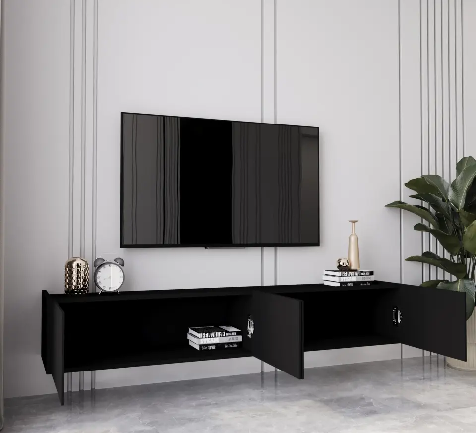 Capella Tv Ünitesi 180 cm 4 kapaklı duvara monte MDF (8 renk seçeneği) SİYAH