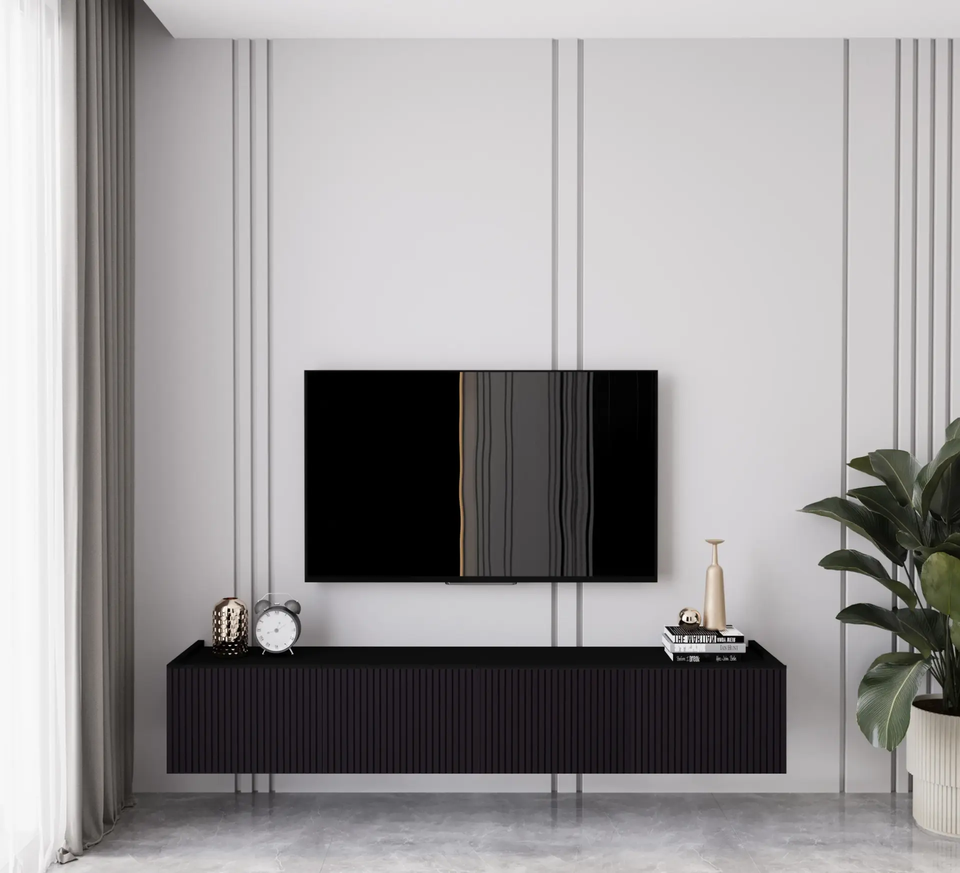 Capella Tv Ünitesi 180 cm 4 kapaklı duvara monte MDF (8 renk seçeneği) SİYAH