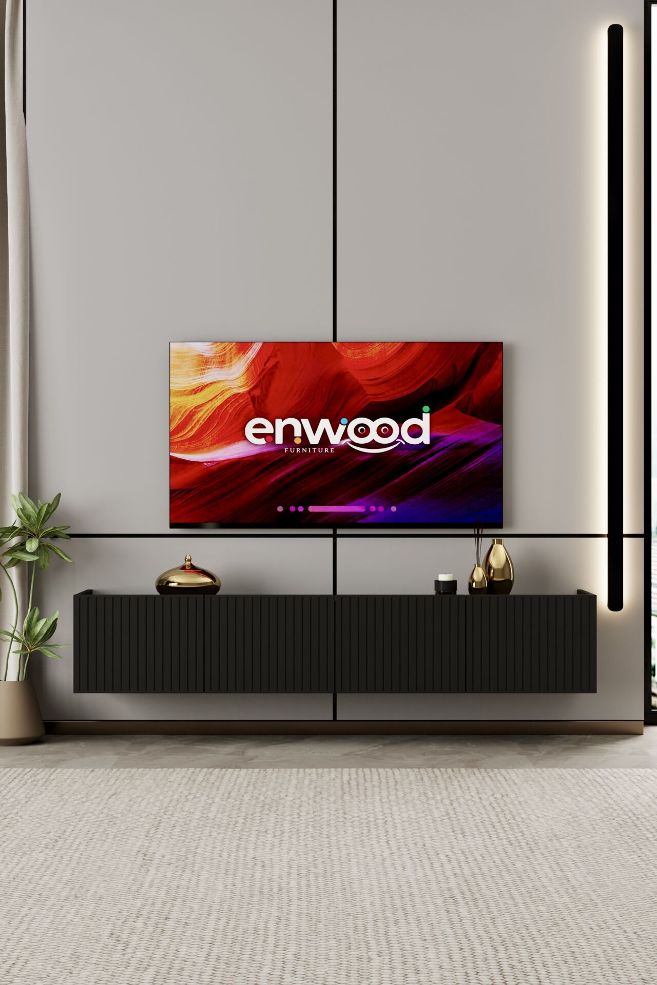Capella TV Ünitesi 180 cm 4 Kapaklı Duvara Monte MDF SİYAH