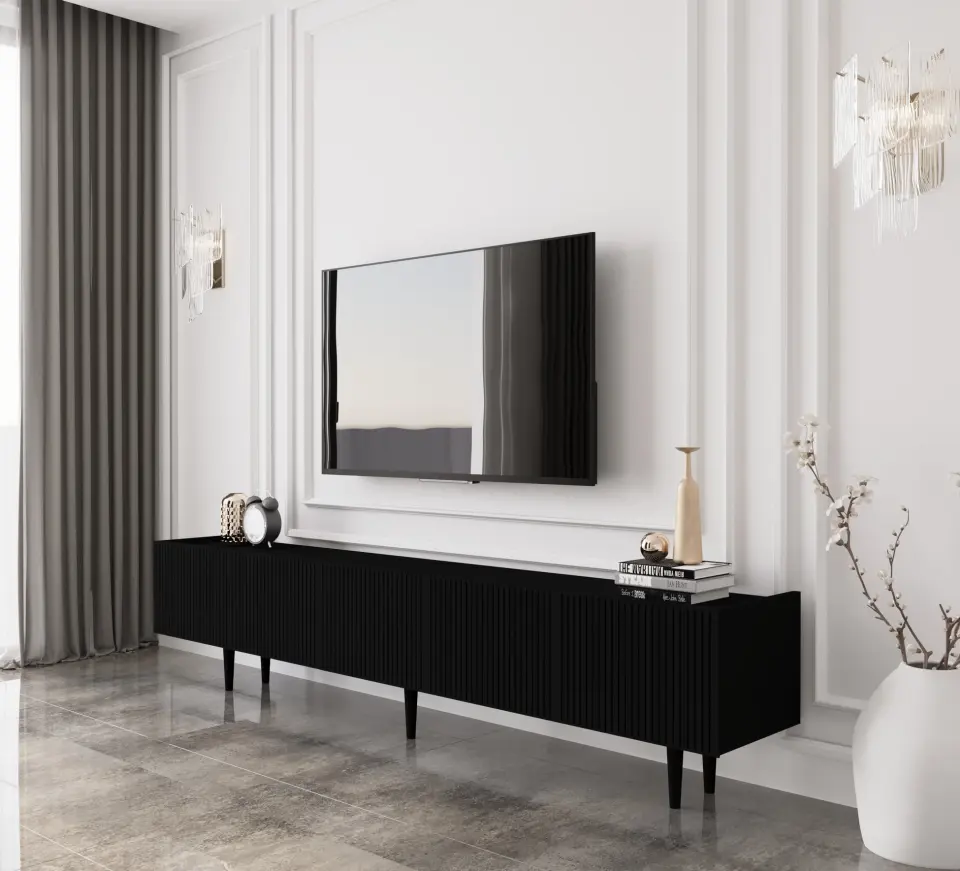 Capella Tv Ünitesi 200 cm 5 kapaklı ayaklı MDF (8 renk seçeneği) SİYAH