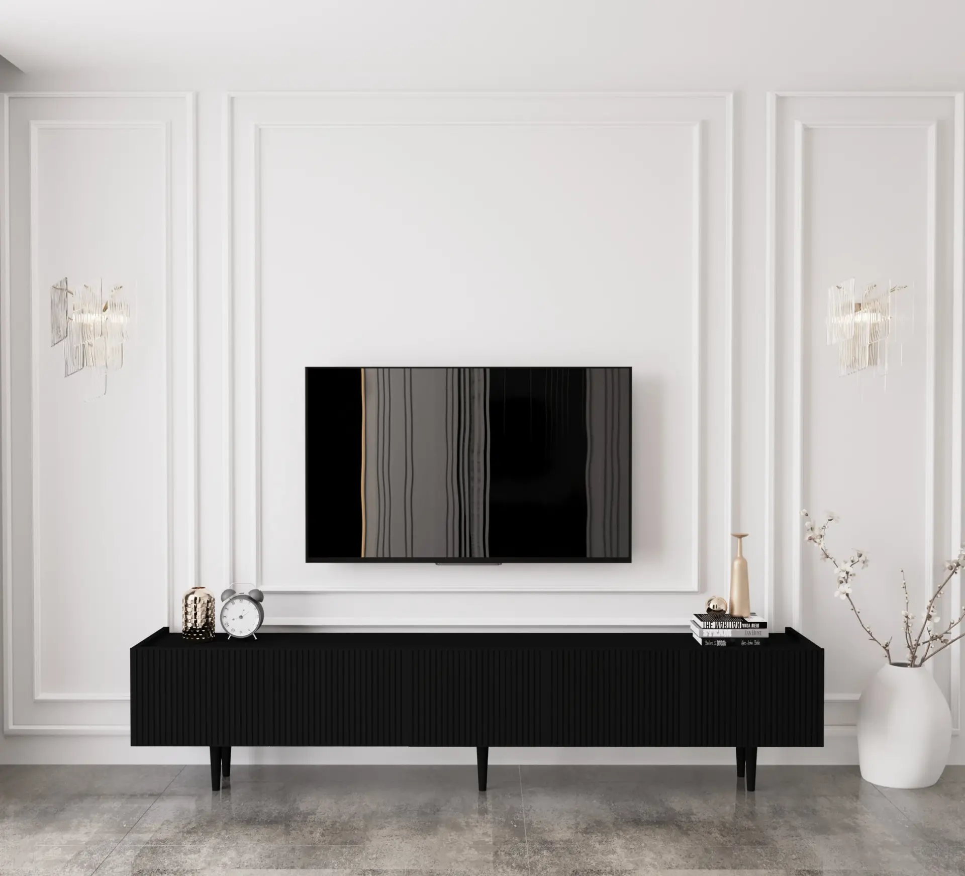 Capella Tv Ünitesi 200 cm 5 kapaklı ayaklı MDF (8 renk seçeneği) SİYAH