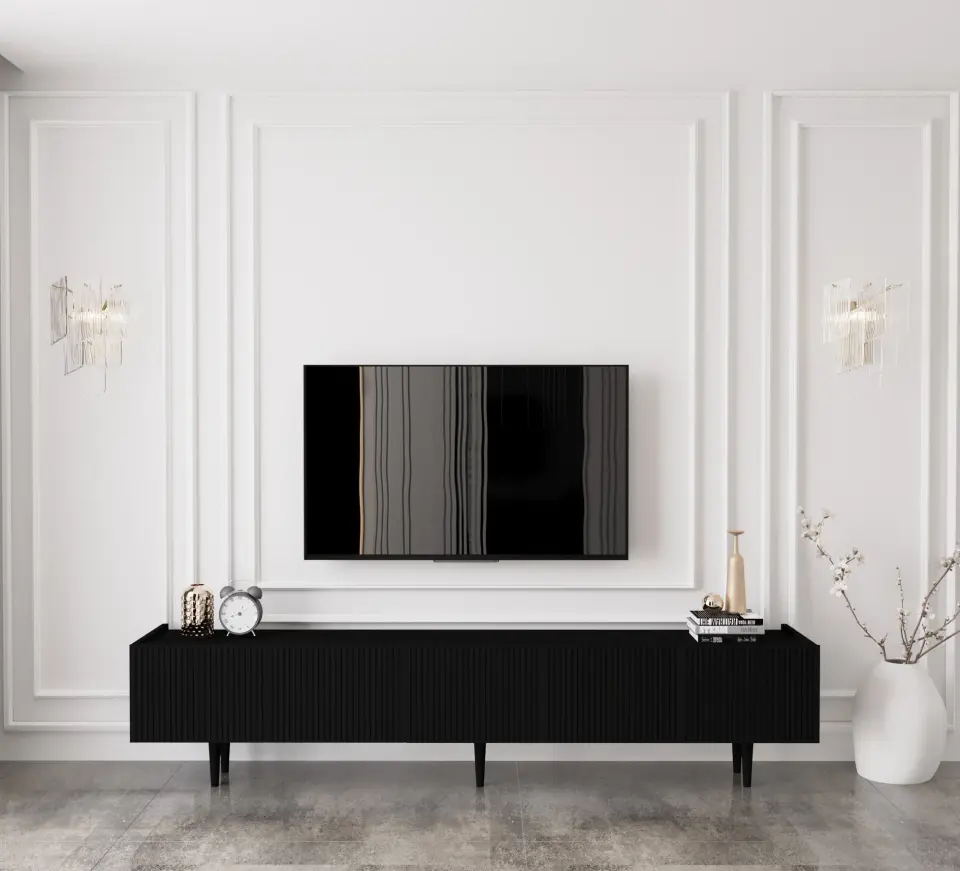 Capella Tv Ünitesi 200 cm 5 kapaklı ayaklı MDF (8 renk seçeneği) SİYAH