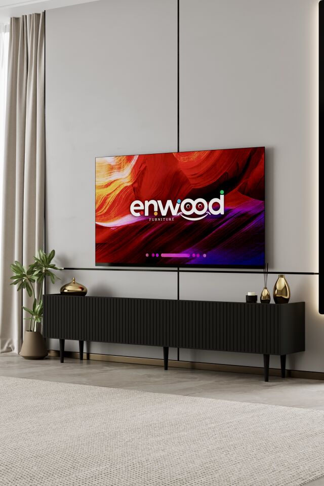 Capella 200 cm Ahşap Ayaklı TV Ünitesi | 5 Kapaklı MDF SİYAH