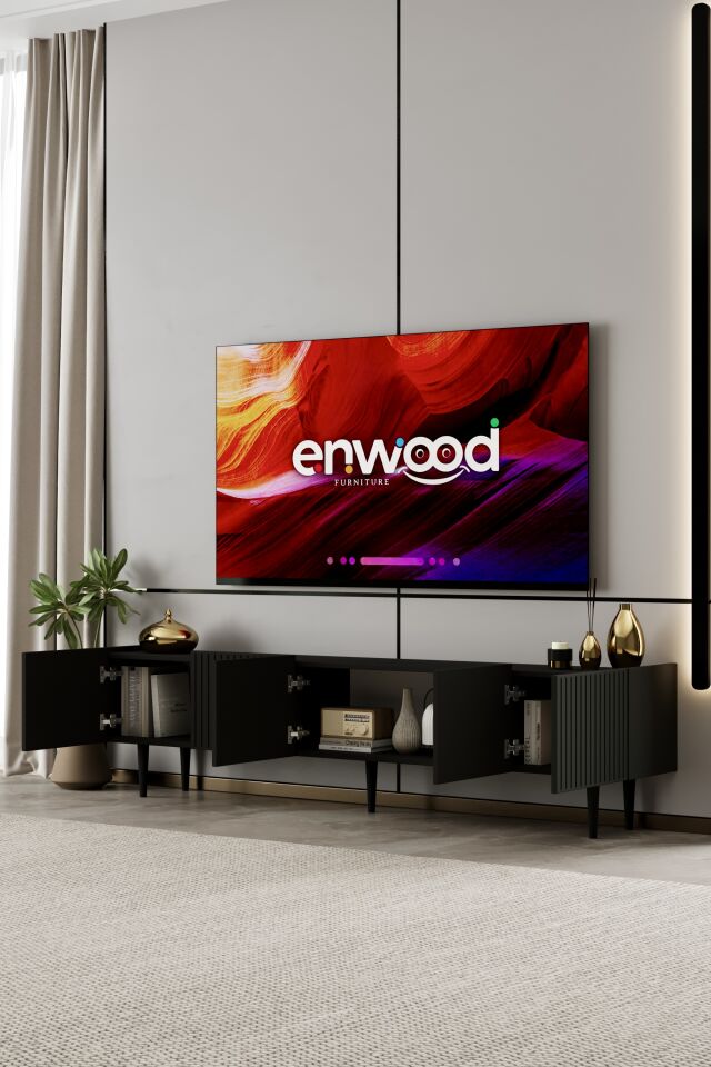 Capella 200 cm Ahşap Ayaklı TV Ünitesi | 5 Kapaklı MDF SİYAH