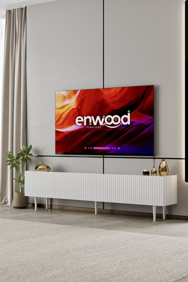 Capella 200 cm Ahşap Ayaklı TV Ünitesi | 5 Kapaklı MDF BEYAZ