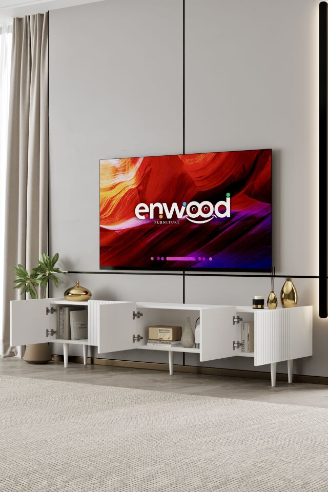 Capella 200 cm Ahşap Ayaklı TV Ünitesi | 5 Kapaklı MDF BEYAZ