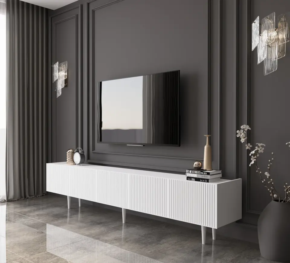 Capella Tv Ünitesi 200 cm 5 kapaklı ayaklı MDF (8 renk seçeneği) BEYAZ
