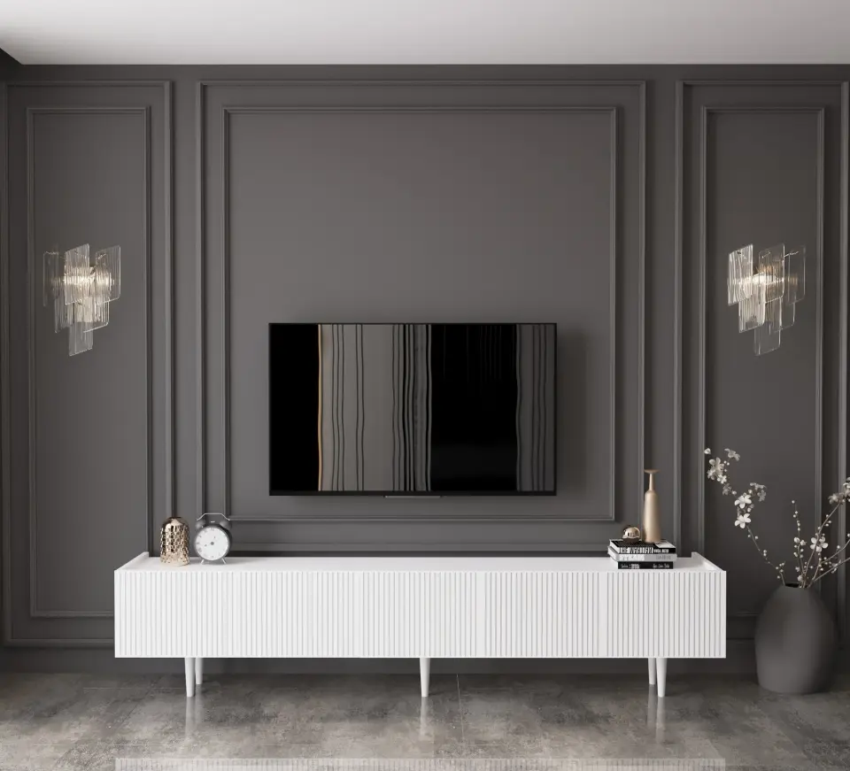 Capella Tv Ünitesi 200 cm 5 kapaklı ayaklı MDF (8 renk seçeneği) BEYAZ