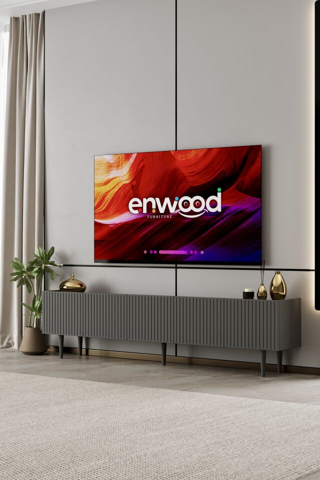 Capella 200 cm Ahşap Ayaklı TV Ünitesi | 5 Kapaklı MDF GRİ