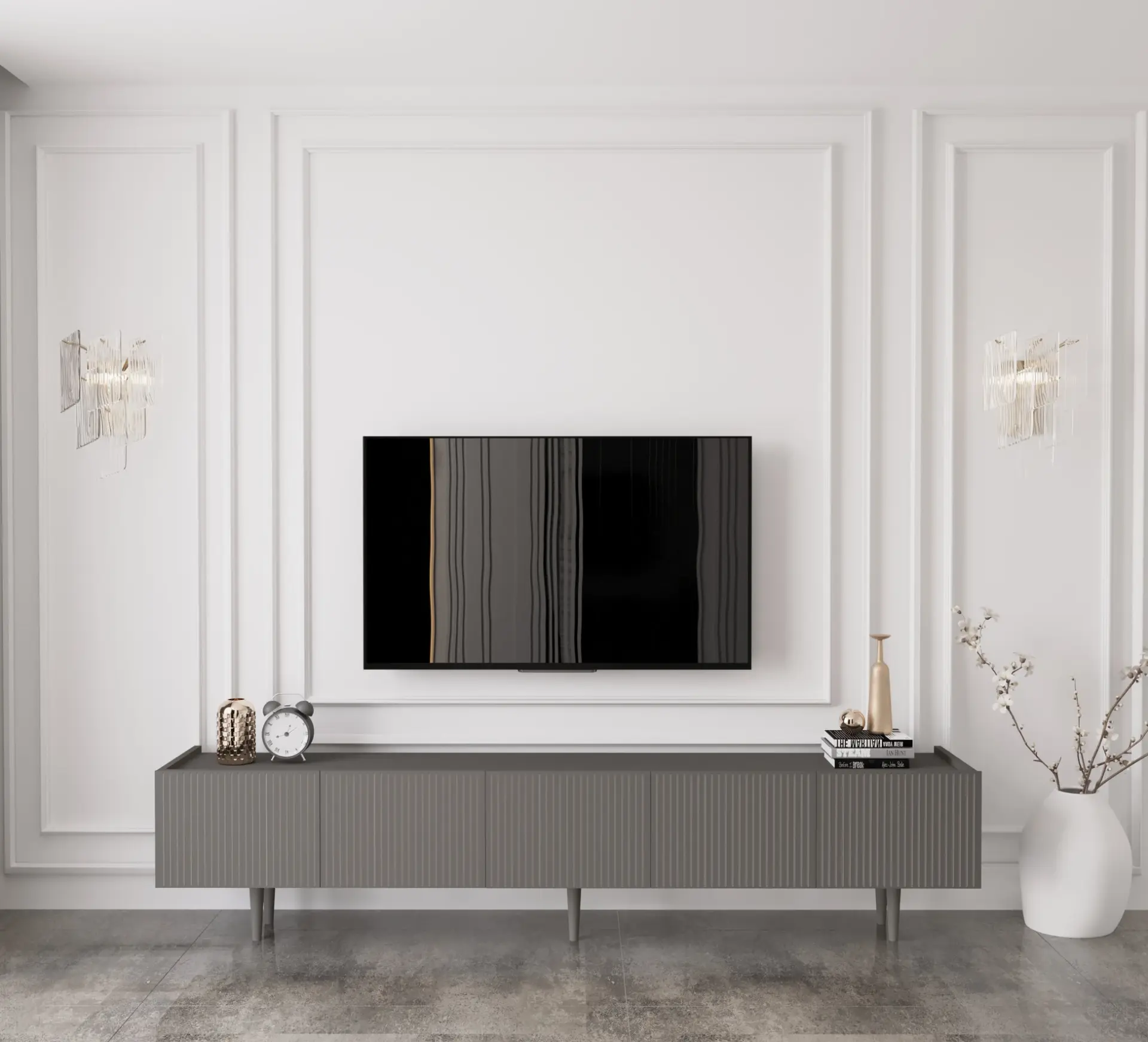 Capella Tv Ünitesi 200 cm 5 kapaklı ayaklı MDF (8 renk seçeneği) GRİ
