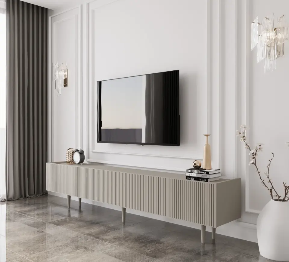 Capella Tv Ünitesi 200 cm 5 kapaklı ayaklı MDF (8 renk seçeneği) KUM TAŞI
