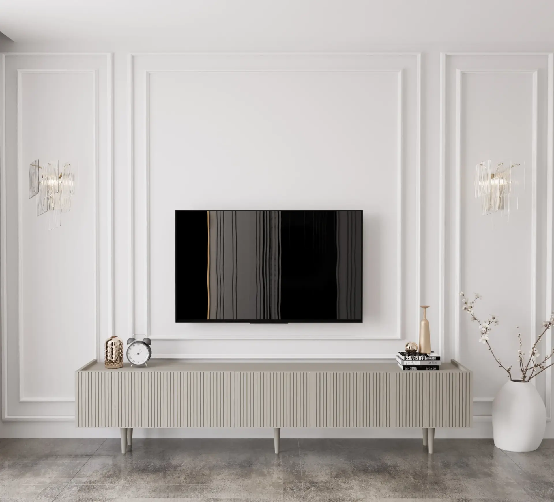 Capella Tv Ünitesi 200 cm 5 kapaklı ayaklı MDF (8 renk seçeneği) KUM TAŞI