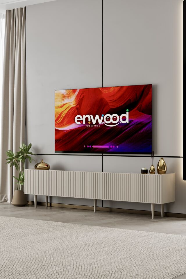 Capella 200 cm Ahşap Ayaklı TV Ünitesi | 5 Kapaklı MDF KUM TAŞI