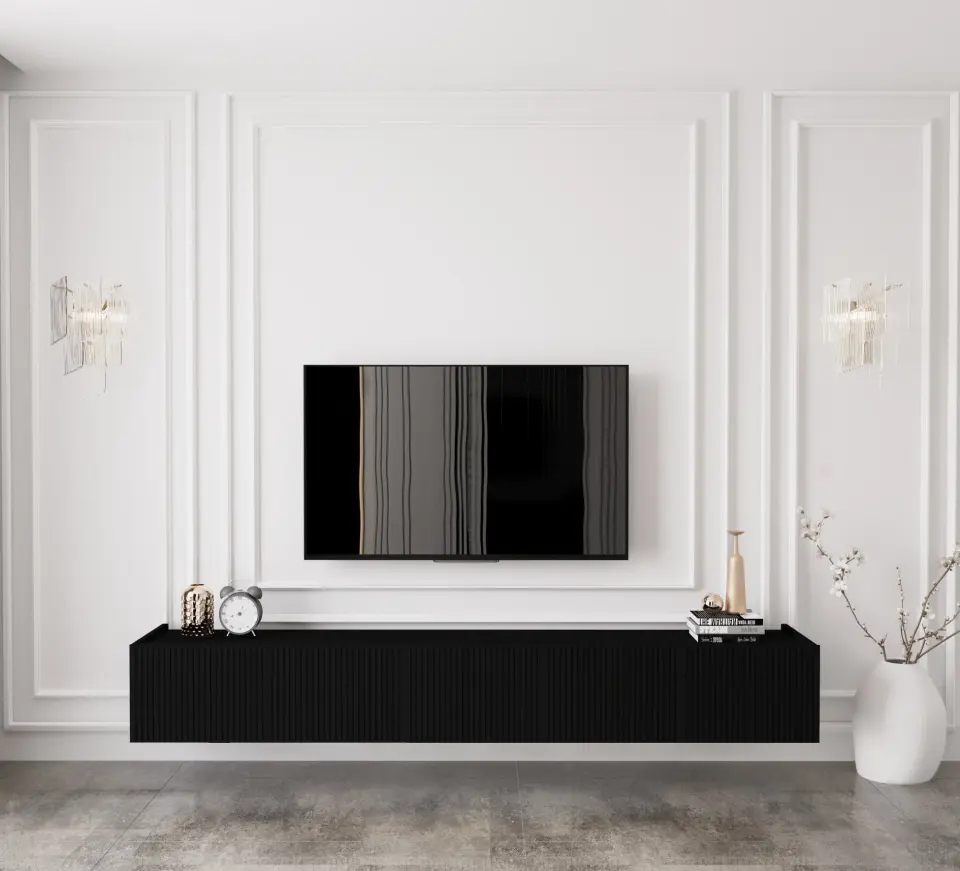 Capella Tv Ünitesi 200 cm 5 kapaklı duvara monte MDF (8 renk seçeneği) SİYAH