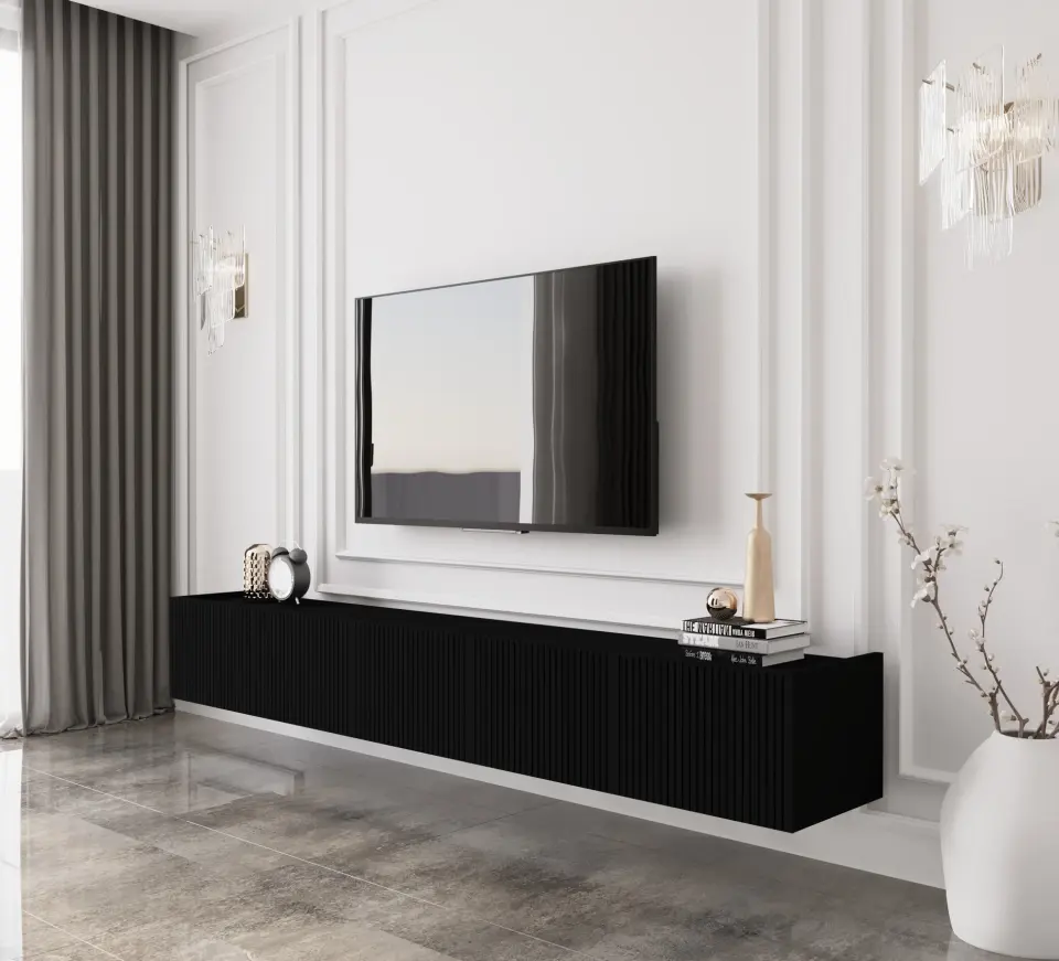 Capella Tv Ünitesi 200 cm 5 kapaklı duvara monte MDF (8 renk seçeneği) SİYAH