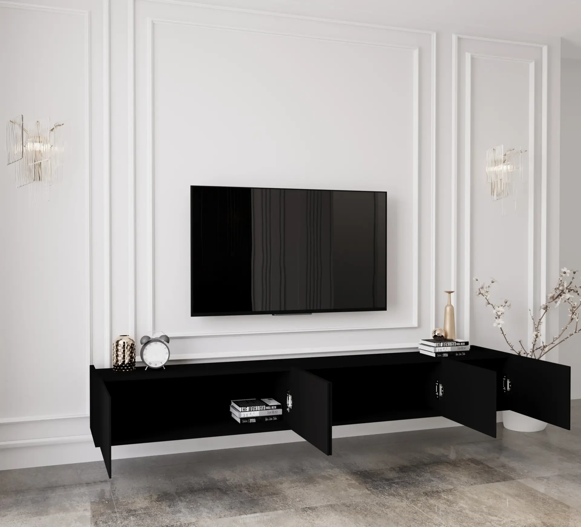 Capella Tv Ünitesi 200 cm 5 kapaklı duvara monte MDF (8 renk seçeneği) SİYAH