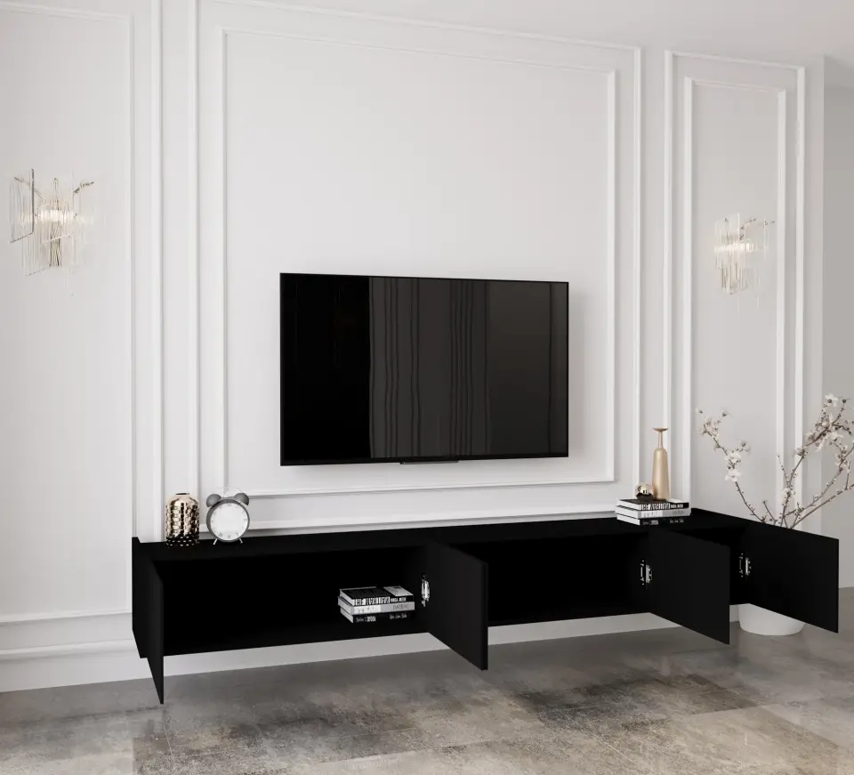 Capella Tv Ünitesi 200 cm 5 kapaklı duvara monte MDF (8 renk seçeneği) SİYAH