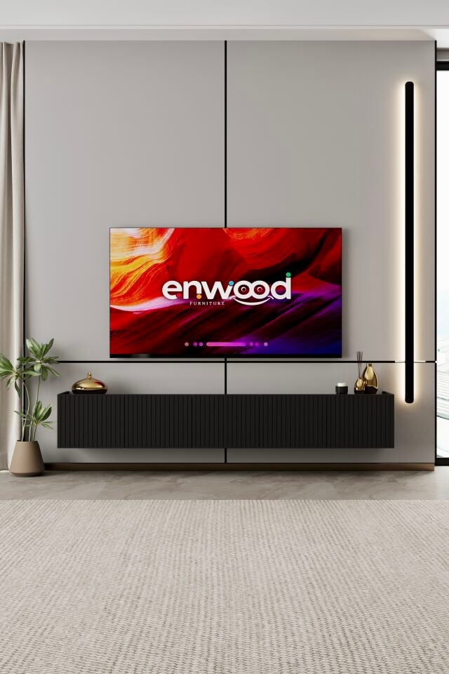 Capella 200 cm Duvara Monte TV Ünitesi | 5 Kapaklı MDF SİYAH