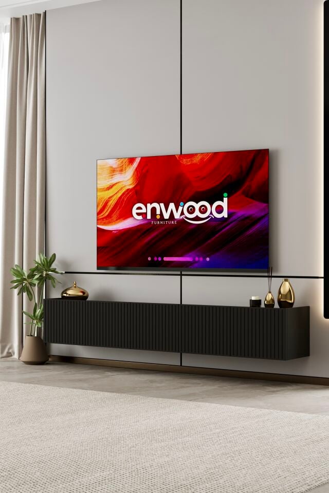 Capella 200 cm Duvara Monte TV Ünitesi | 5 Kapaklı MDF SİYAH