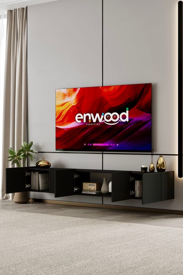 Capella 200 cm Duvara Monte TV Ünitesi | 5 Kapaklı MDF SİYAH