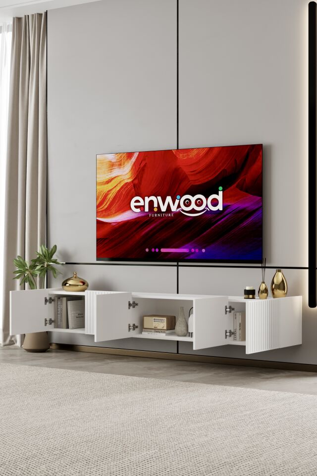 Capella 200 cm Duvara Monte TV Ünitesi | 5 Kapaklı MDF BEYAZ