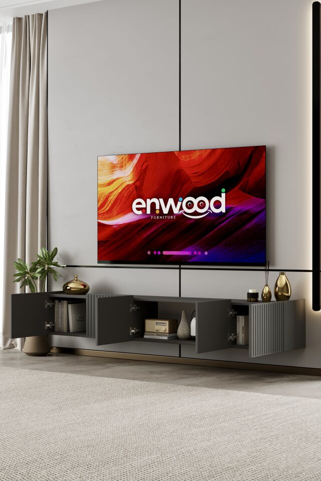 Capella 200 cm Duvara Monte TV Ünitesi | 5 Kapaklı MDF GRİ