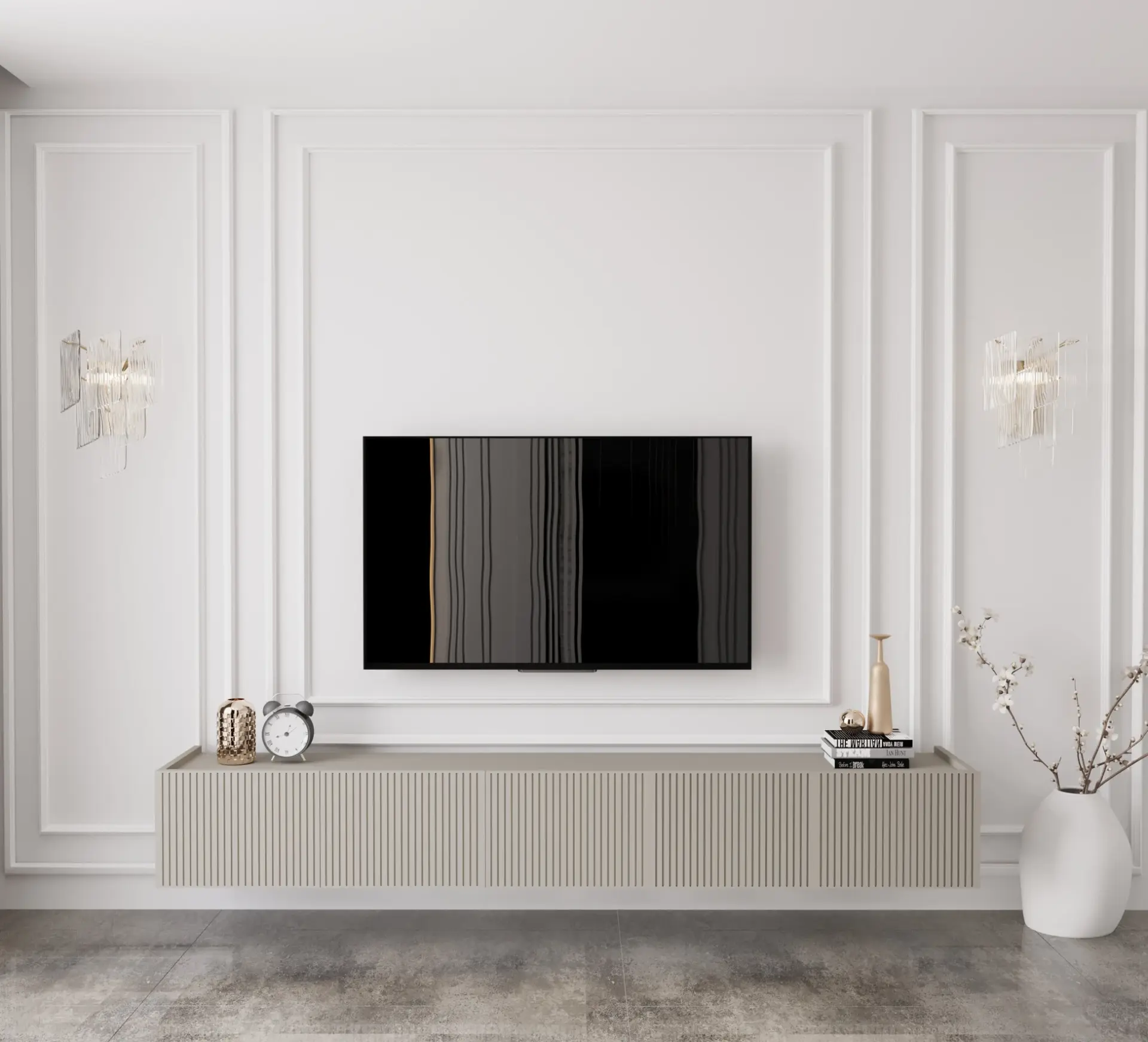 Capella Tv Ünitesi 200 cm 5 kapaklı duvara monte MDF (8 renk seçeneği) KUM TAŞI