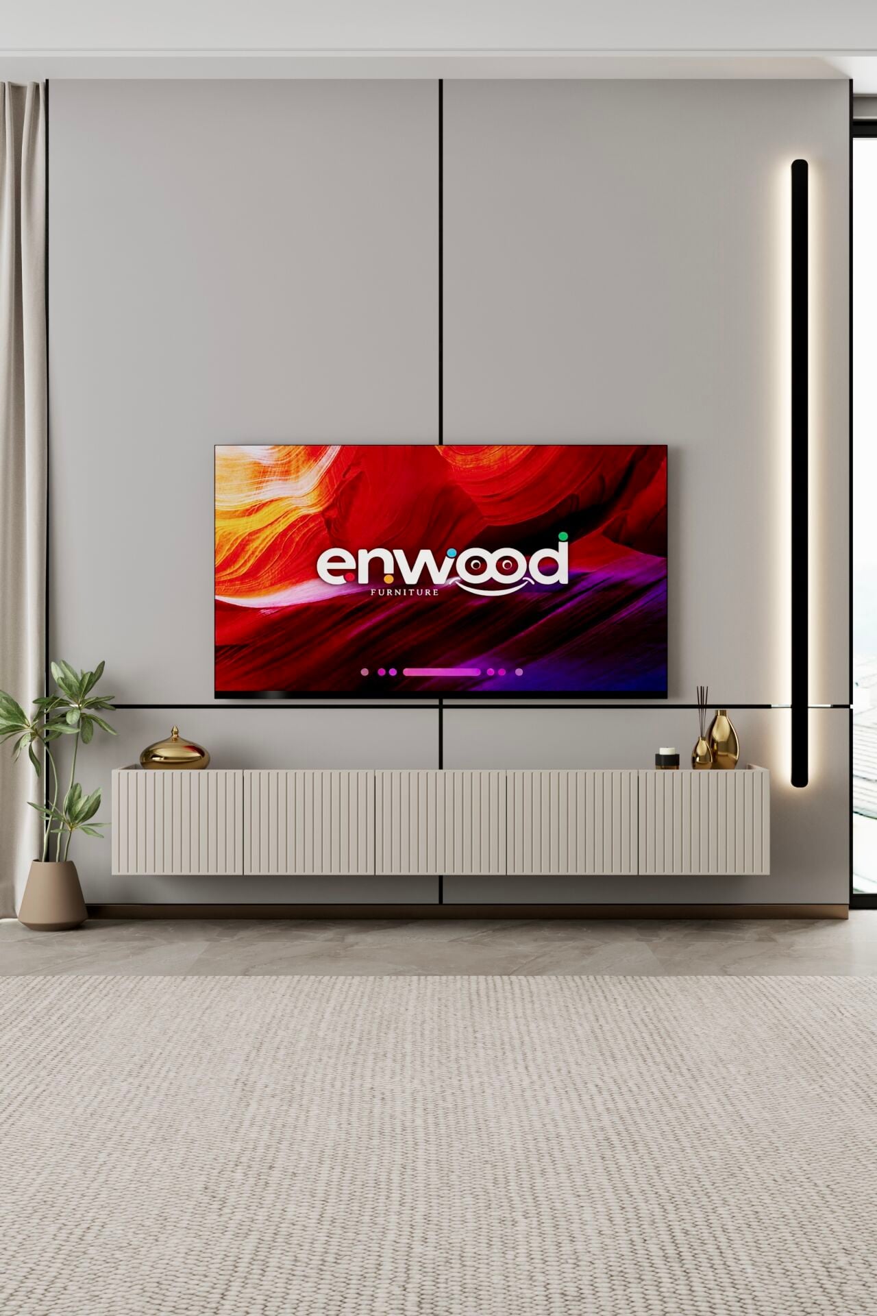 Capella 200 cm Duvara Monte TV Ünitesi | 5 Kapaklı MDF KUM TAŞI