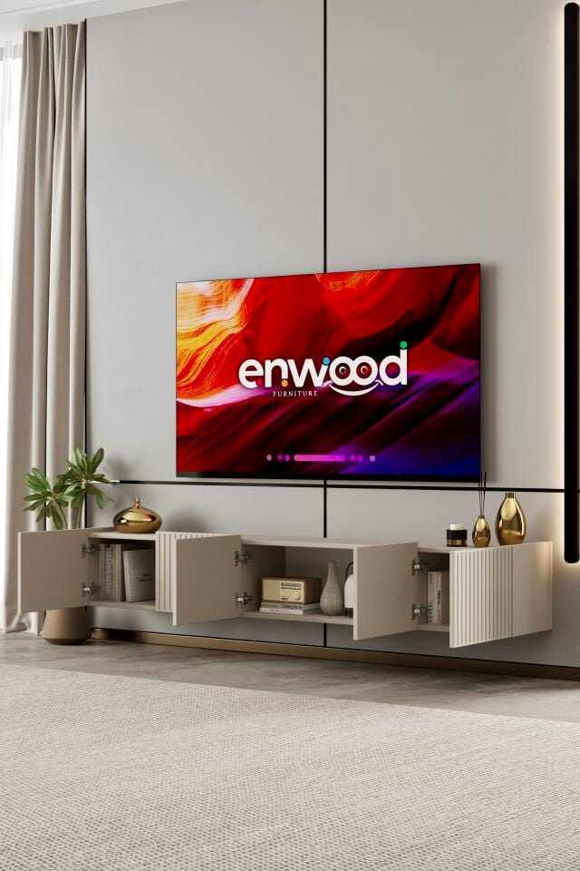 Capella 200 cm Duvara Monte TV Ünitesi | 5 Kapaklı MDF KUM TAŞI